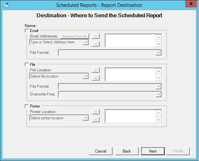 Scheduled Reports - Report Destination page Scheduled Reports - Report Destination page
