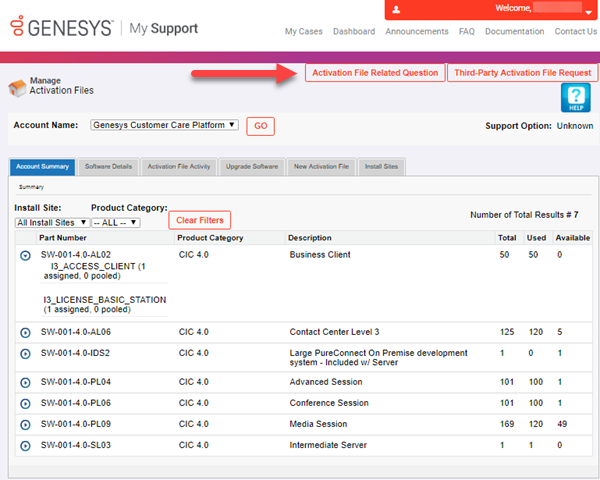 Manage Activation Files page Manage Activation Files page