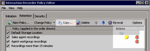 Actions in Retention pane