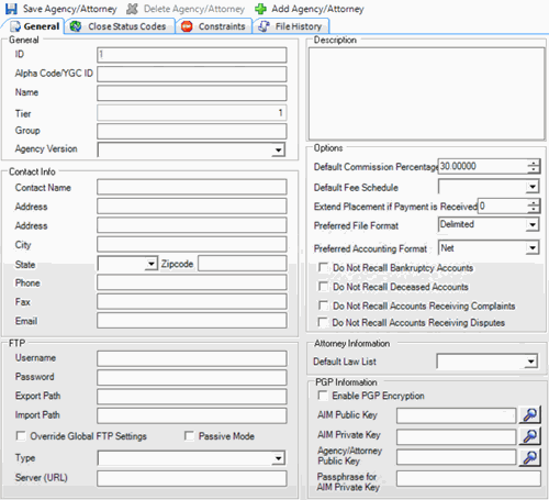 Agencies/Attorneys pane - General tab