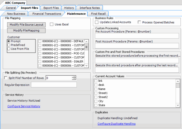 Import Files tab - Maintenance tab