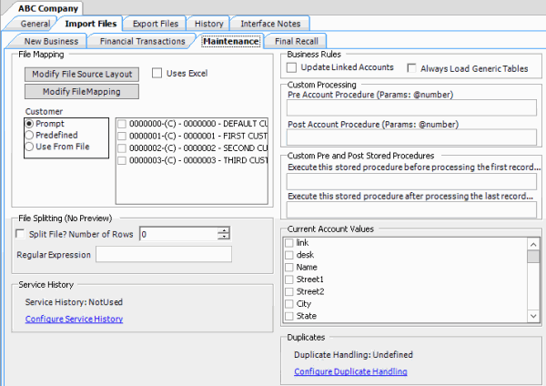 Import Files tab - Maintenance tab