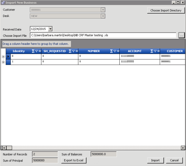 Import New Business dialog box