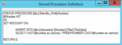 Stored Procedure Definition window