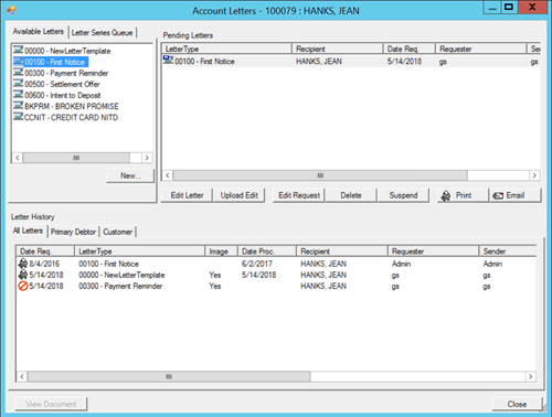 Account Letters window - Pending letters