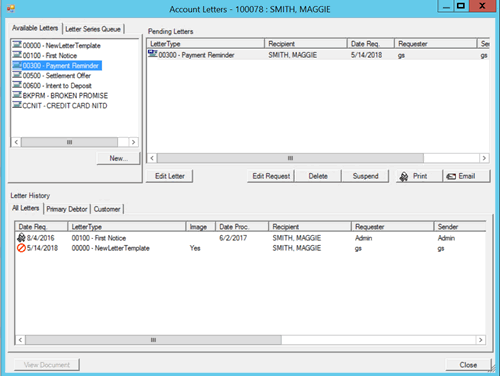 Account Letters window - Pending letters