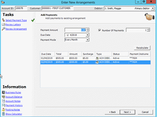 Enter New Arrangements window - Add Payments page