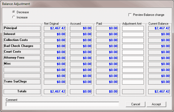 Balance Adjustment dialog box Balance Adjustment dialog box
