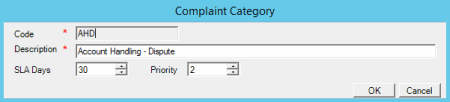 Complaint Category dialog box Complaint Category dialog box