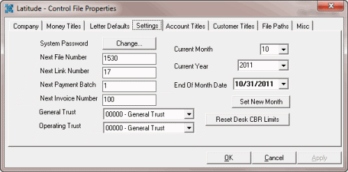 Latitude - Control File Properties window - Settings tab Latitude - Control File Properties window - Settings tab