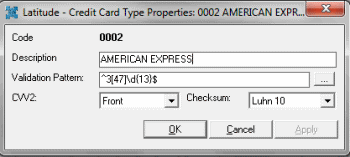 Latitude - Credit Card Type Properties dialog box Latitude - Credit Card Type Properties dialog box