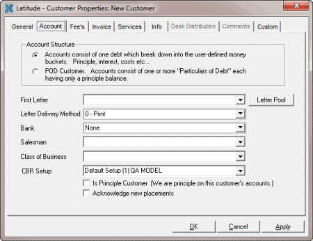 Latitude - Customer Properties dialog box - Account tab