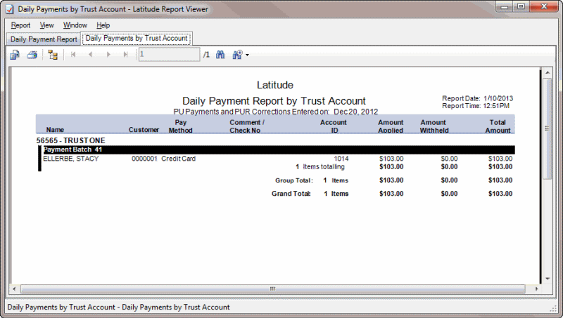 Daily Payment Report by Trust Account report sample