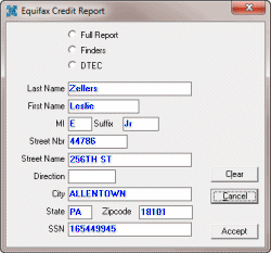 Equifax Credit Report dialog box Equifax Credit Report dialog box