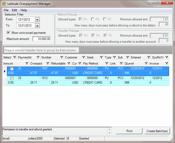 Latitude Overpayment Manager window - transfer overpayment