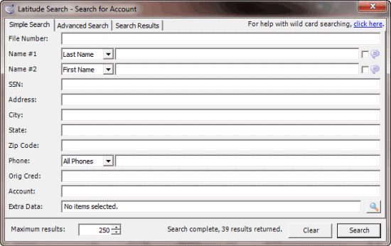 Latitude Search - Search for Account window Latitude Search - Search for Account window