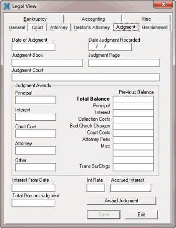 Legal View dialog box - Judgment tab