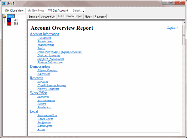 Link window - Link Overview Report tab Link window - Link Overview Report tab