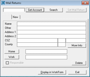 Mail Returns window Mail Returns window