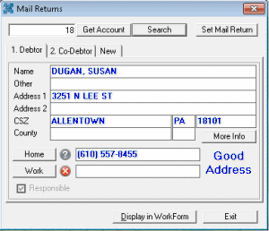 Mail Returns window with account information displayed Mail Returns window with account information displayed