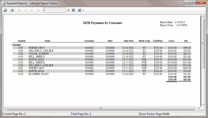 MTD Payments by Customer report sample