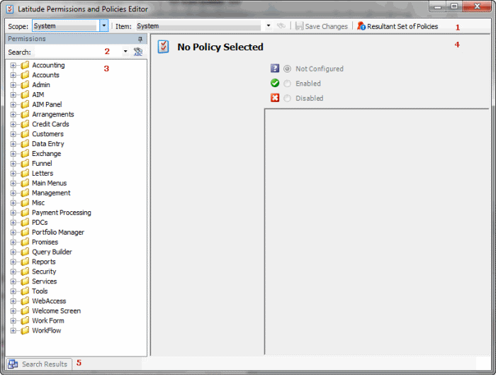 Latitude Permissions and Policies Editor window Latitude Permissions and Policies Editor window