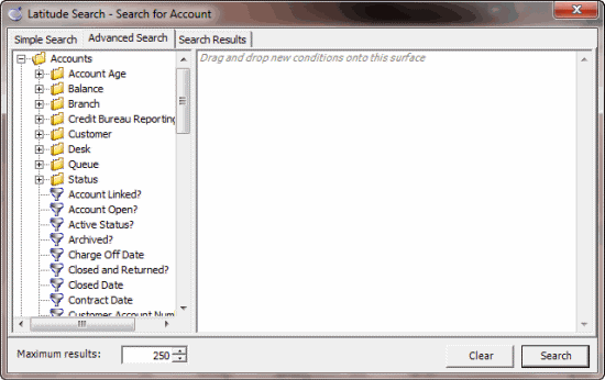 Latitude Search - Search for Account window - Advanced Search tab Latitude Search - Search for Account window - Advanced Search tab