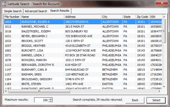 Latitude Search - Search for Account window - Search Results tab Latitude Search - Search for Account window - Search Results tab