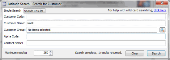 Latitude Search - Search for Customer dialog box