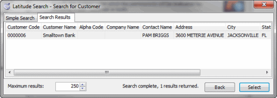 Latitude Search - Search for Customer dialog box search results