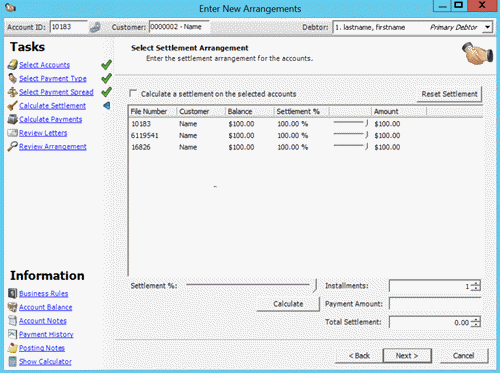 Enter New Arrangements window - Select Settlement Arrangement page