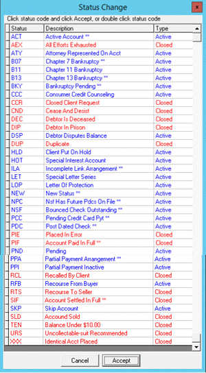 Status Change dialog box Status Change dialog box