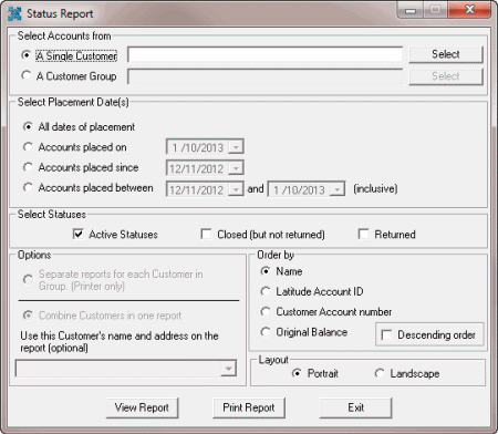 Status Report dialog box