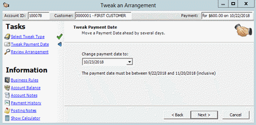 Tweak Payment Date page - Tweak an Arrangement wizard Tweak Payment Date page - Tweak an Arrangement wizard