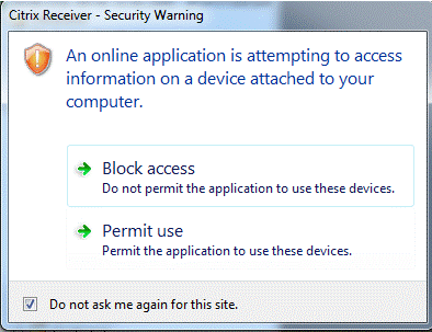 Citrix Receiver - Security Warning dialog box Citrix Receiver - Security Warning dialog box