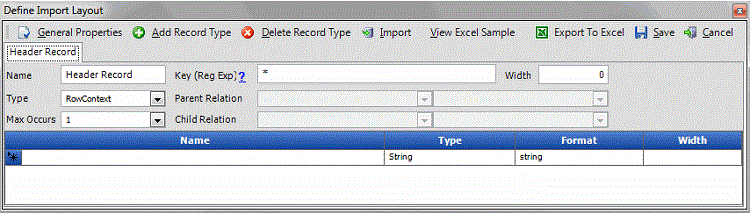 Define Import Layout window