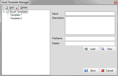 Excel Template Manager window - add mode