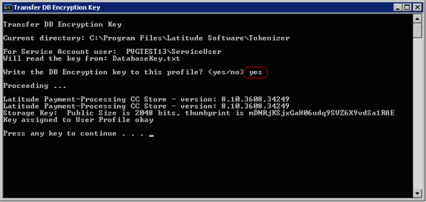 Transfer DB Encryption Key window Transfer DB Encryption Key window
