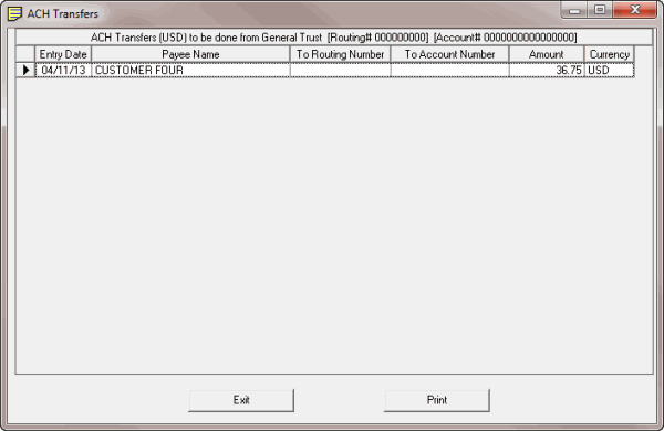 ACH Transfers window