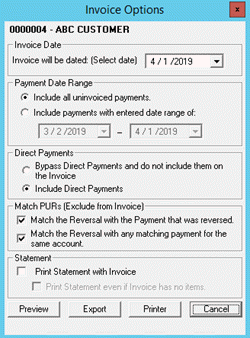 Invoice Options dialog box Invoice Options dialog box