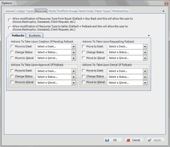 Options window - Recourse tab Options window - Recourse tab