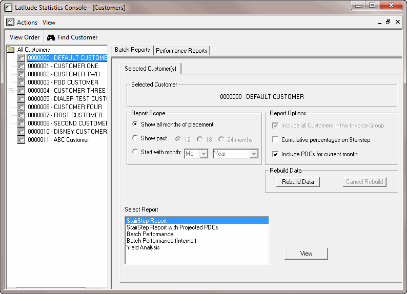 Latitude Statistics Console window - customer batch reports