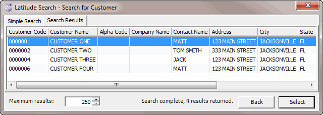Latitude Search - Search for Customer window - Search Results tab