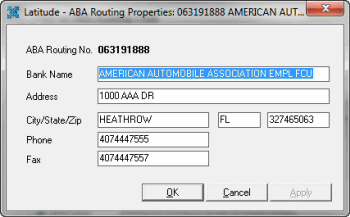 ABA Routing Properties dialog box