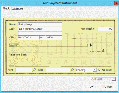 Add Payment Instrument dialog box - Check tab