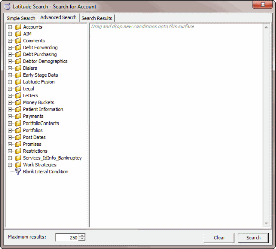 Latitude Search - Search for Account window - Advanced Search tab Latitude Search - Search for Account window - Advanced Search tab