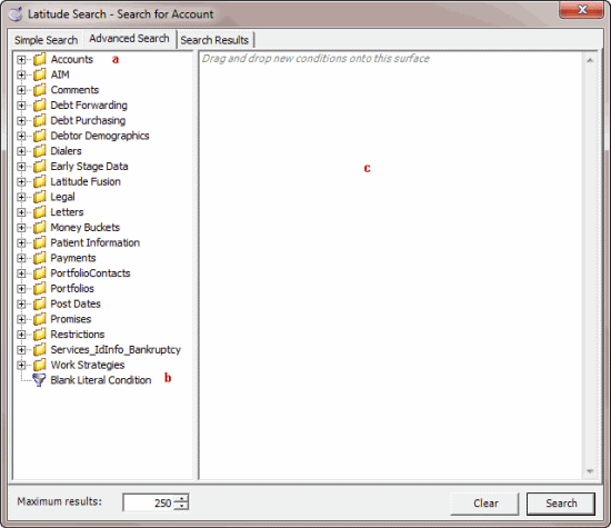 Latitude Search - Search for Account window - Advanced Search tab