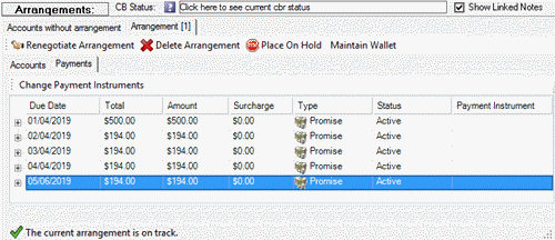 Arrangements panel - Payments tab