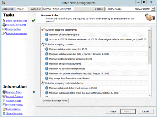 Enter New Arrangements window - Business Rules page