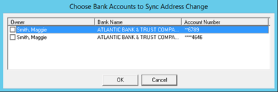 Choose Bank Accounts to Sync Address Change dialog box